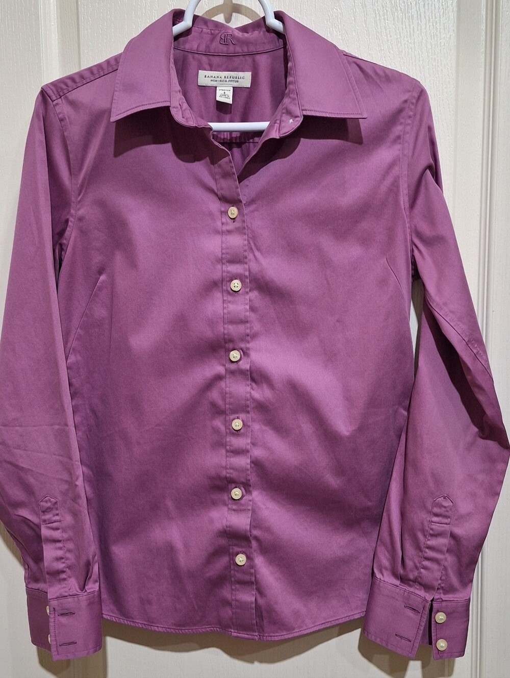Banana Republic Purple Non-Iron Fitted Button Up Preppy Blouse Shirt Womens Sz 8
